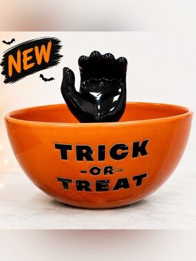New Halloween Trick or Treat Ceramic Candy Bowl with Black Hand